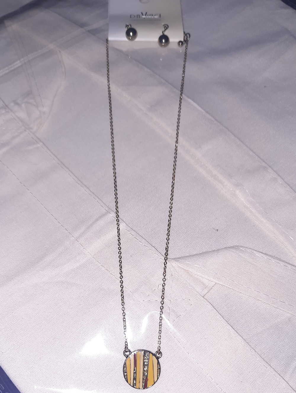 DaVinci Silver-Tone Pendant Necklace with Yellow Stripes and Crystal Accents